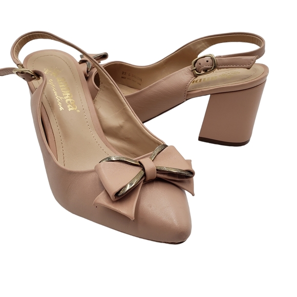 Andrea Ejecutiva Block Heel Sling Back Pump Womens 5 Point Toe Bow Beige - Picture 1 of 13